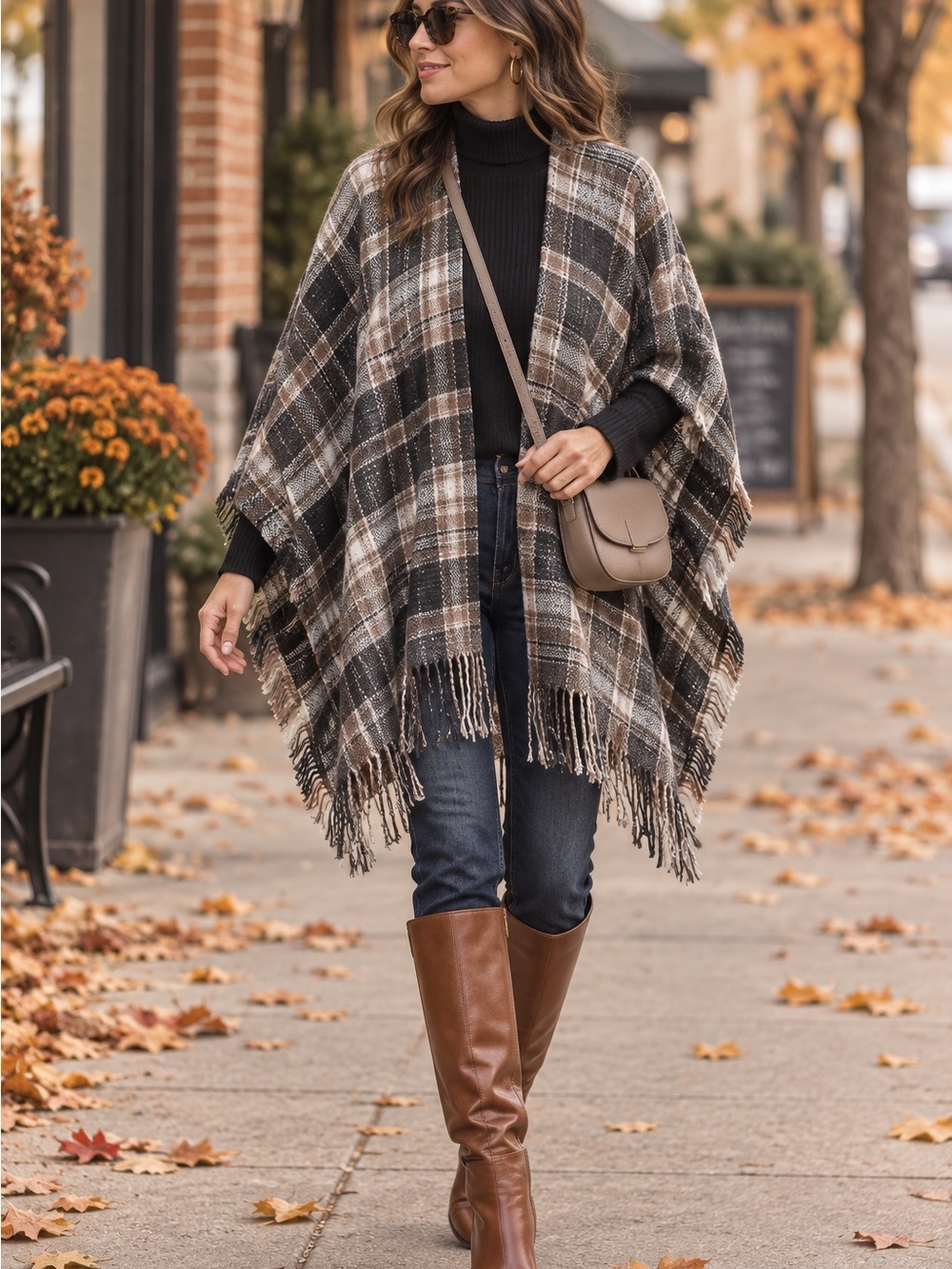 Universal Thread Plaid Fringe Cape in Brown and Black